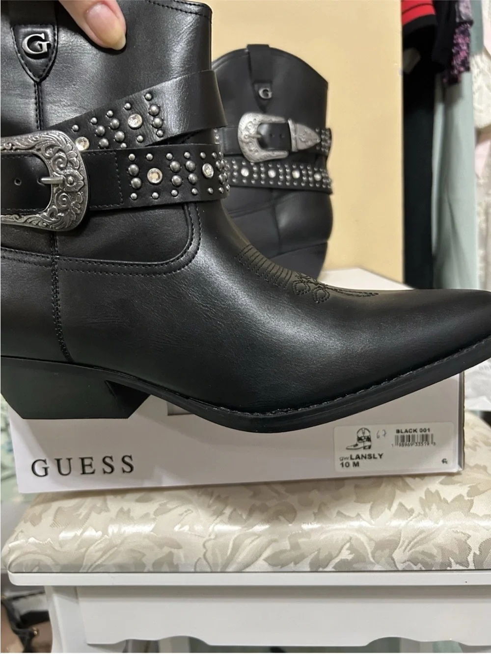 Guess Black Studded Western Ankle Boots with Silver Buckle